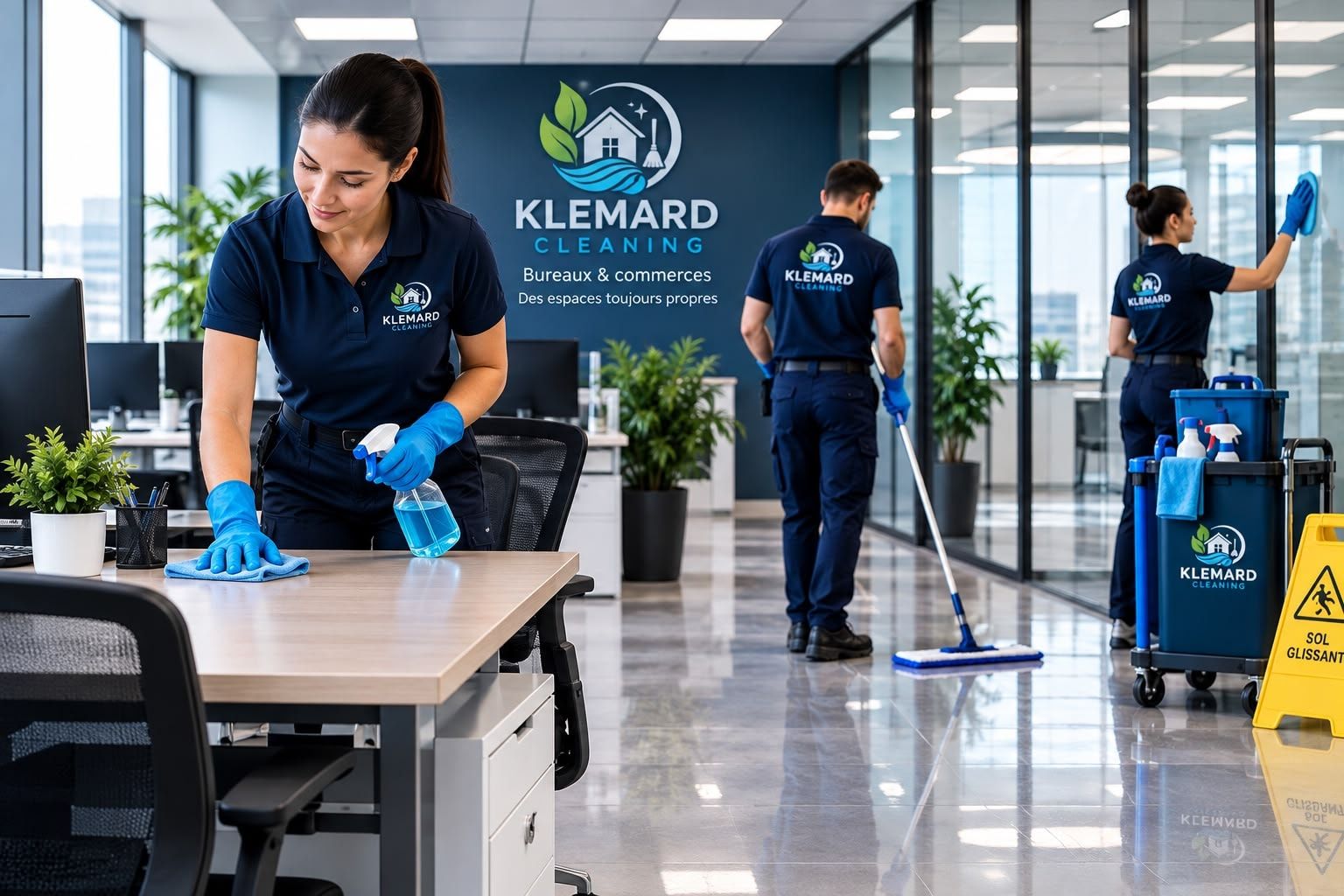 Trois membres de l’équipe Klemard qui nettoient des bureaux : poste de travail, plancher et cloison vitrée