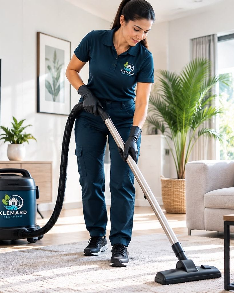 Employée de Klemard qui passe l’aspirateur sur le tapis d’un salon lumineux