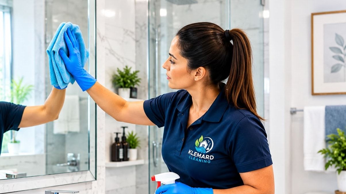 Miroir de salle de bain essuyé avec un chiffon microfibre