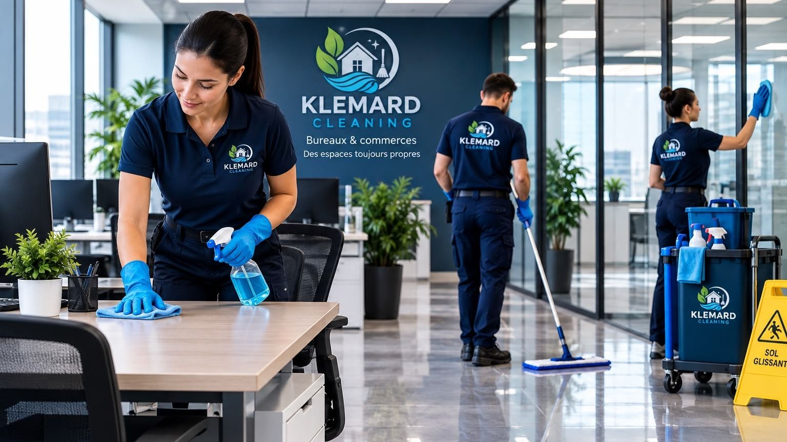 Équipe Klemard qui fait l’entretien de bureaux à aire ouverte