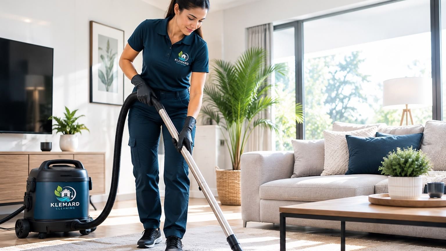 Salon dégagé où l’on passe l’aspirateur sur le tapis