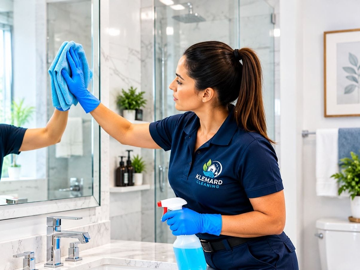 Employée de Klemard qui essuie le miroir d’une salle de bain