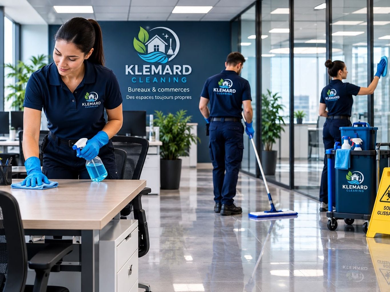 Équipe Klemard dans des bureaux : poste de travail essuyé, plancher lavé à la vadrouille et cloison vitrée nettoyée
