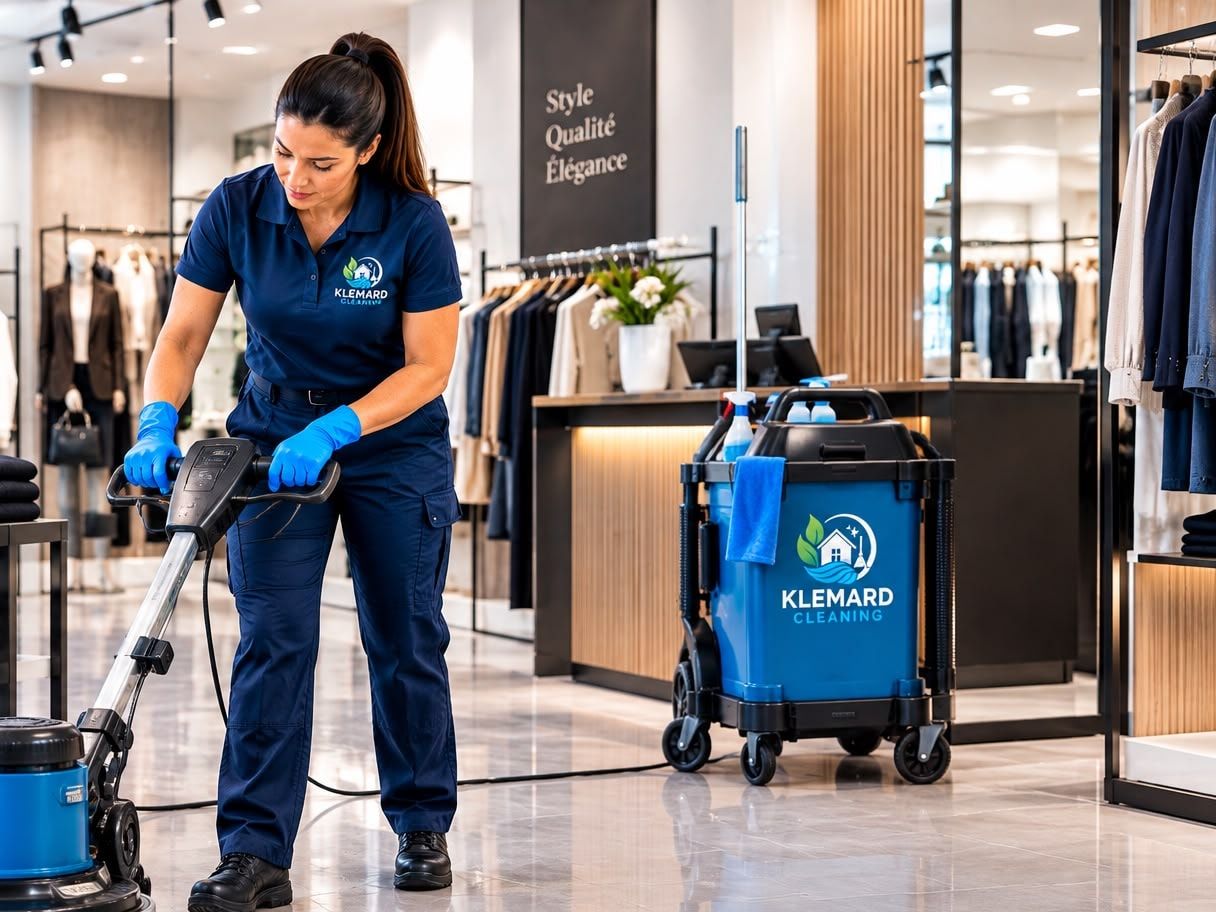 Employée de Klemard qui récure le plancher d’une boutique de vêtements avec une monobrosse