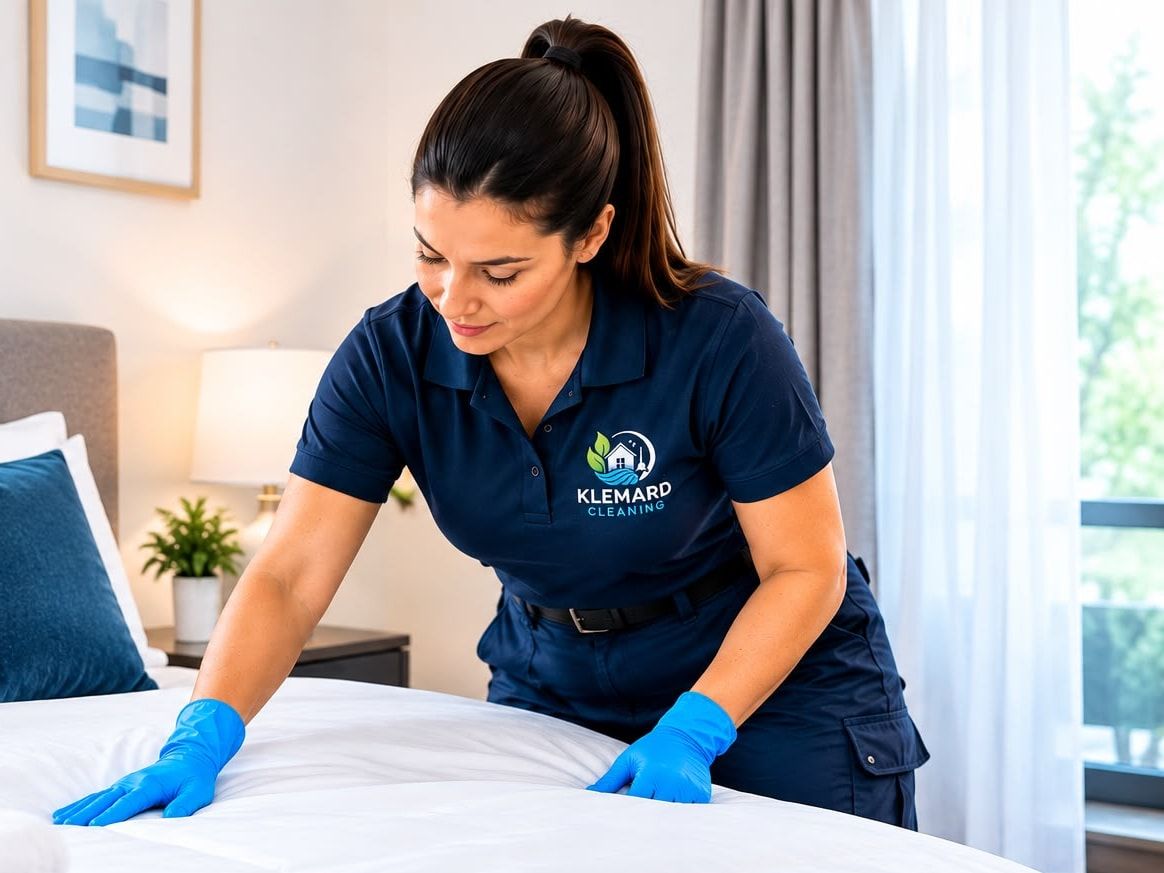 Employée de Klemard qui refait un lit aux draps blancs dans une chambre