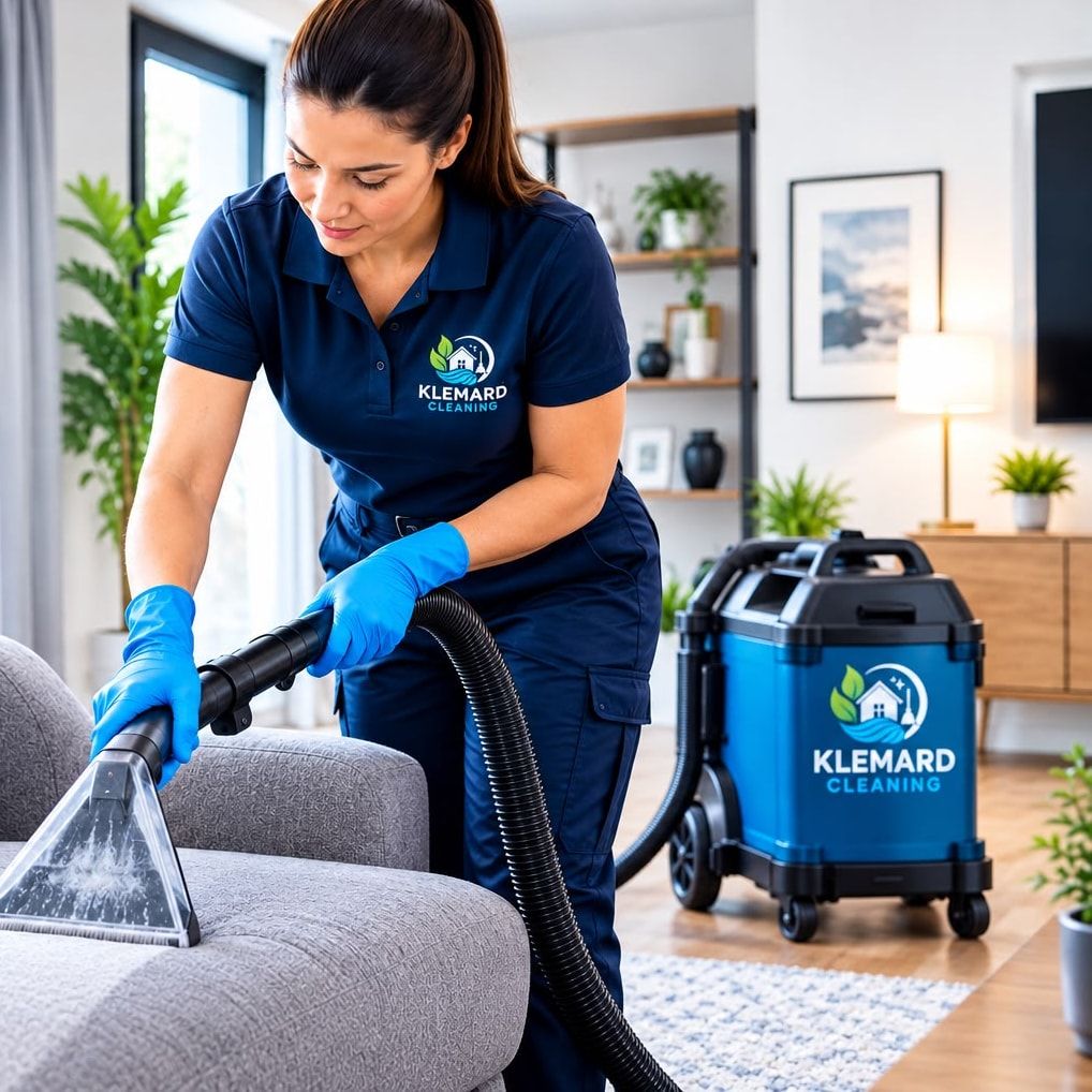 Employée de Klemard qui nettoie un divan en tissu avec un extracteur