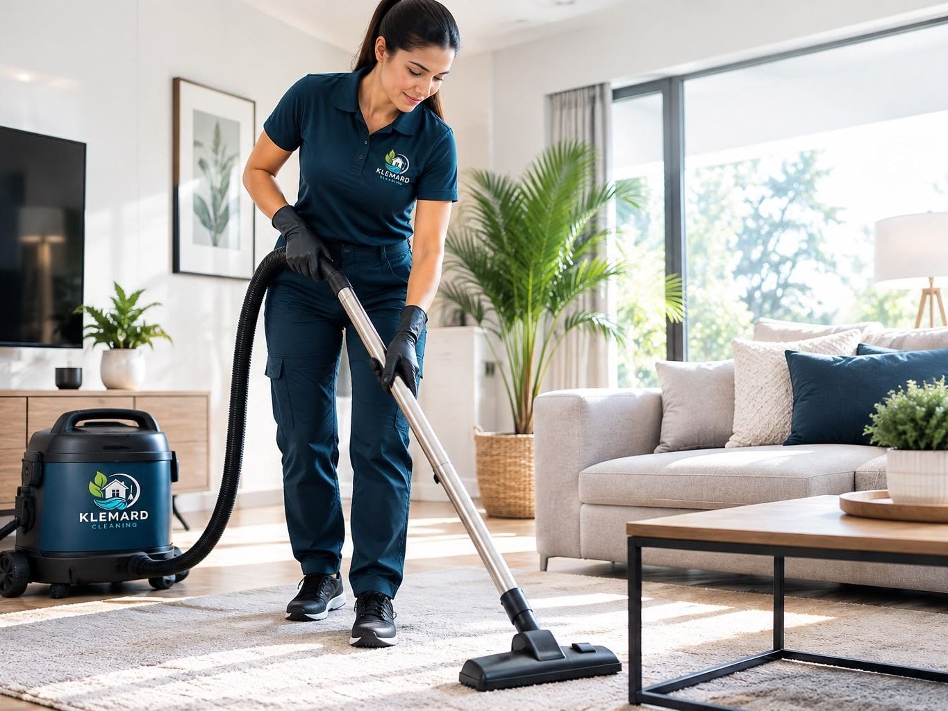 Passage de l’aspirateur sur le tapis du salon d’une maison