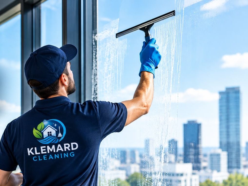 Membre de l’équipe Klemard qui lave une fenêtre de bureau avec vue sur la ville