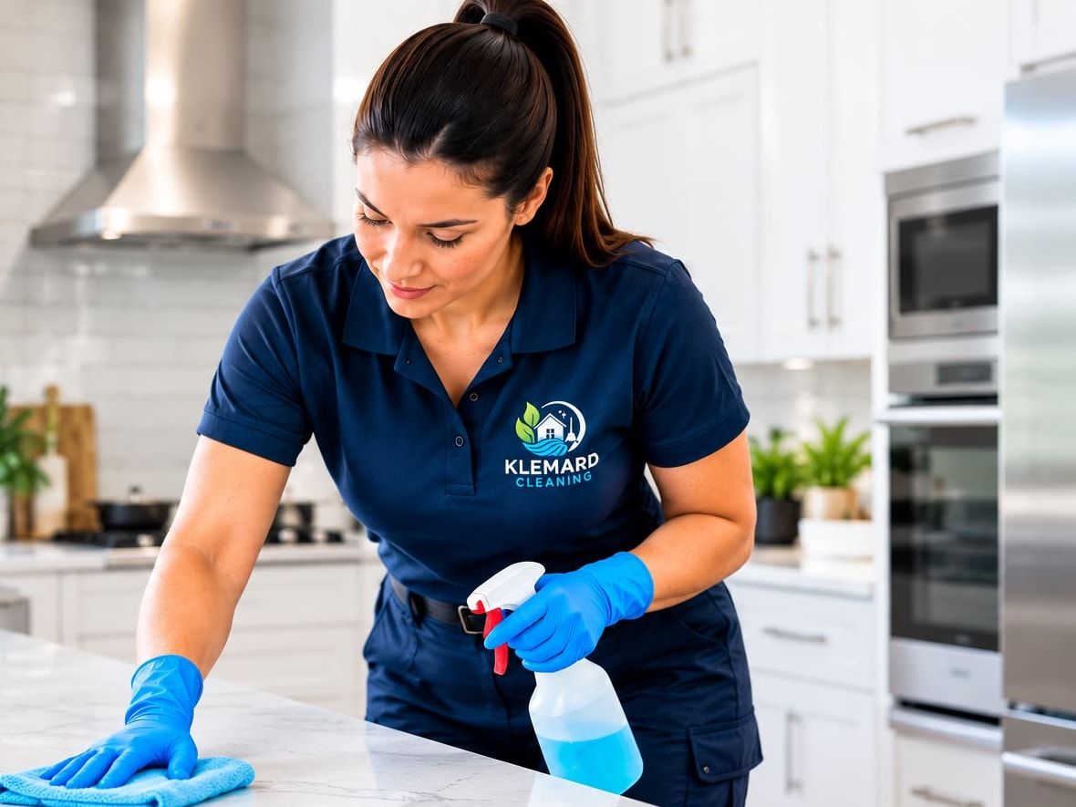 Employée de Klemard qui essuie un comptoir de cuisine avec un chiffon microfibre